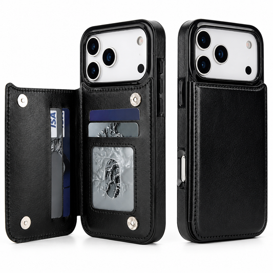 Black phone case with a stitched rear wallet flap shown open and closed, revealing card slots and a clear identification-card window beneath the camera opening.