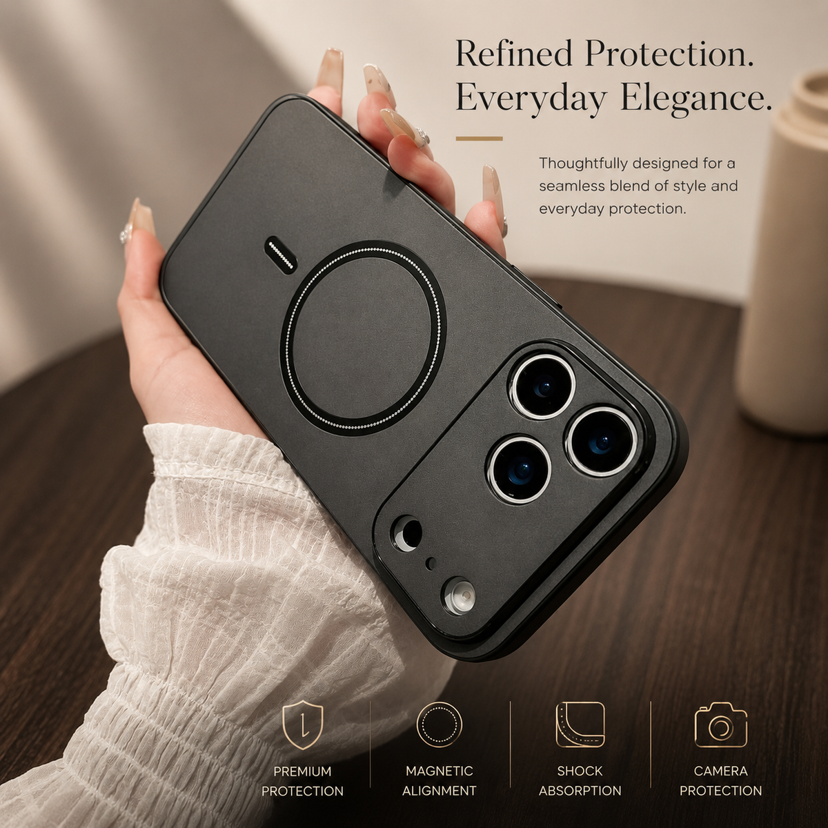 A hand holds a charcoal case diagonally, showing its textured back, wide camera guard and circular ring. Text advertises protection and magnetic alignment.
