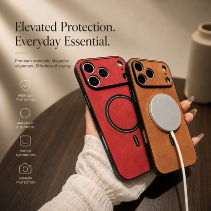 A hand holds red and tan cases together, with a silver wired charging puck attached to the tan case's back ring.