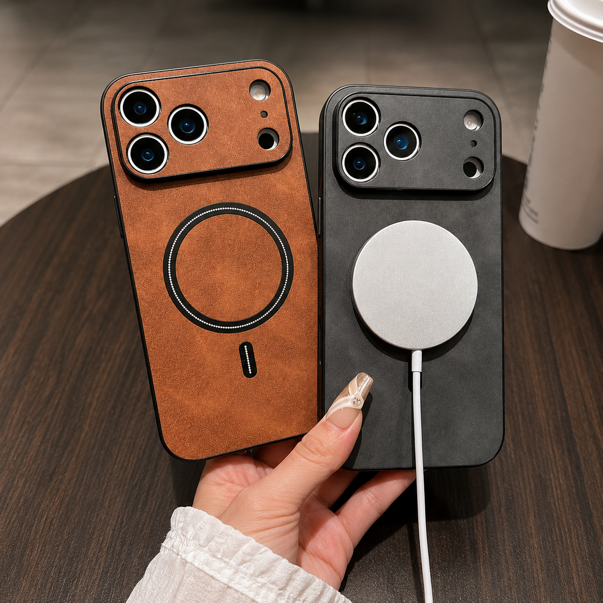 Tan and charcoal phone cases held side by side, with a silver wired magnetic charging puck attached to the charcoal case.