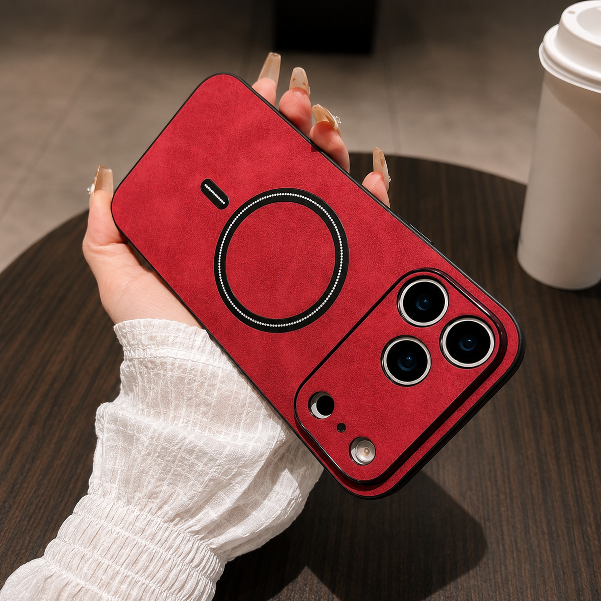Red leather-look phone case held diagonally in a hand above a wooden table, with a black circular ring and matching camera guard.