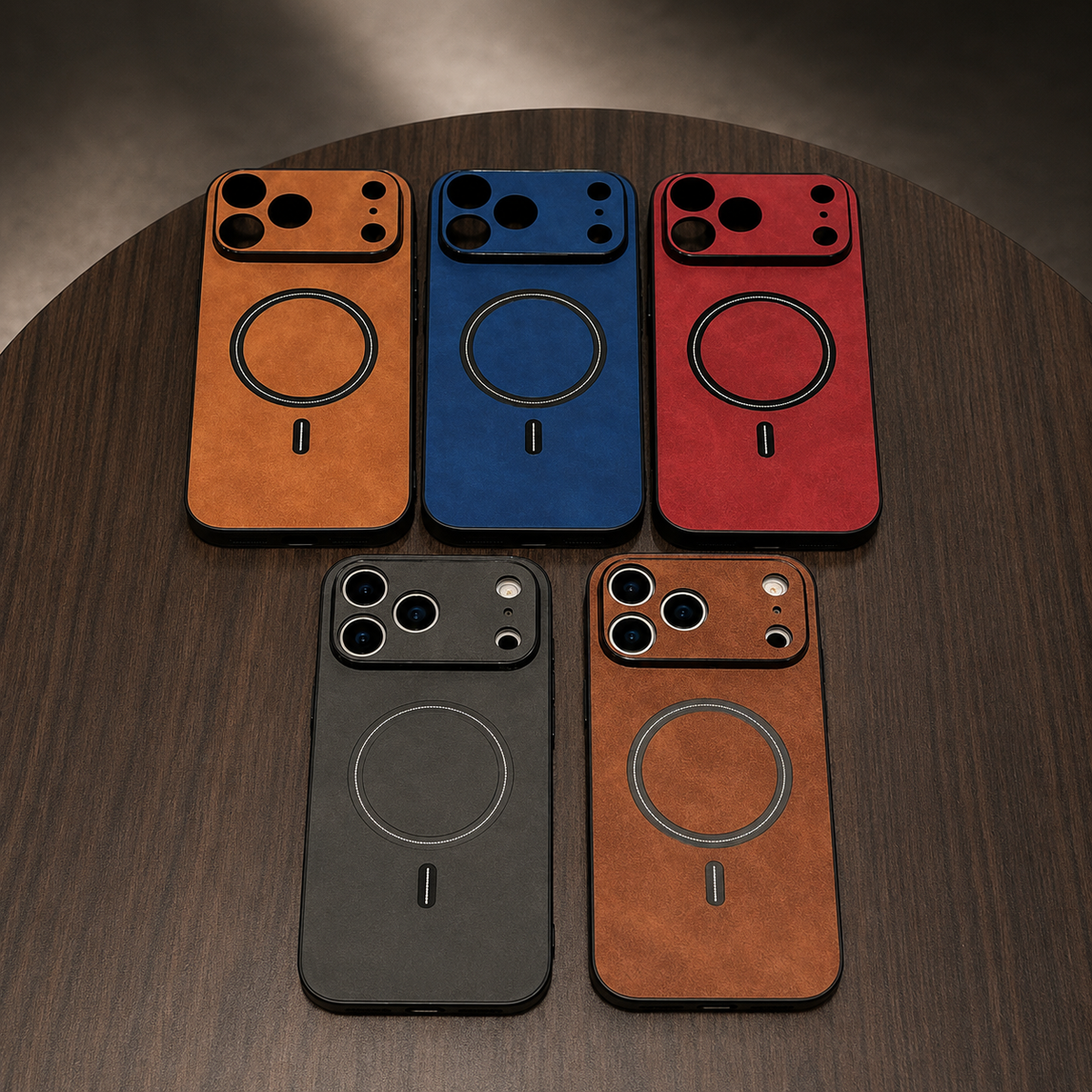 Five empty leather-look phone cases arranged on a wooden table in orange, blue, red, charcoal and tan, with black rings and camera openings.