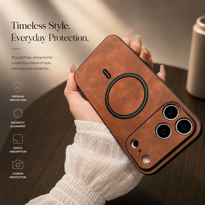 A hand holds a tan case diagonally, showing its leather-like texture and circular back ring. Feature icons advertise protection and magnetic alignment.