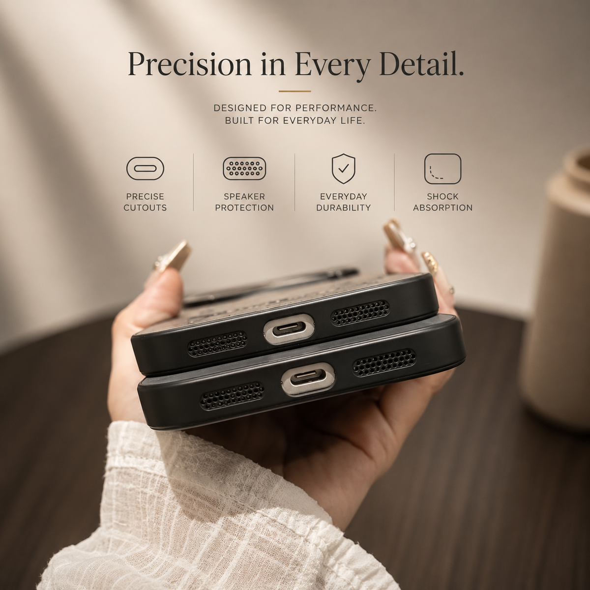 Two stacked phones held with their bottom edges facing forward show charging-port openings and perforated speaker grilles in black cases.