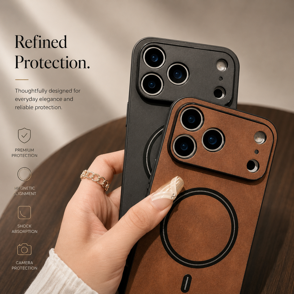A hand holds tan and charcoal cases together above a wooden table, showing matching camera guards and black circular back rings. Icons advertise protective features.