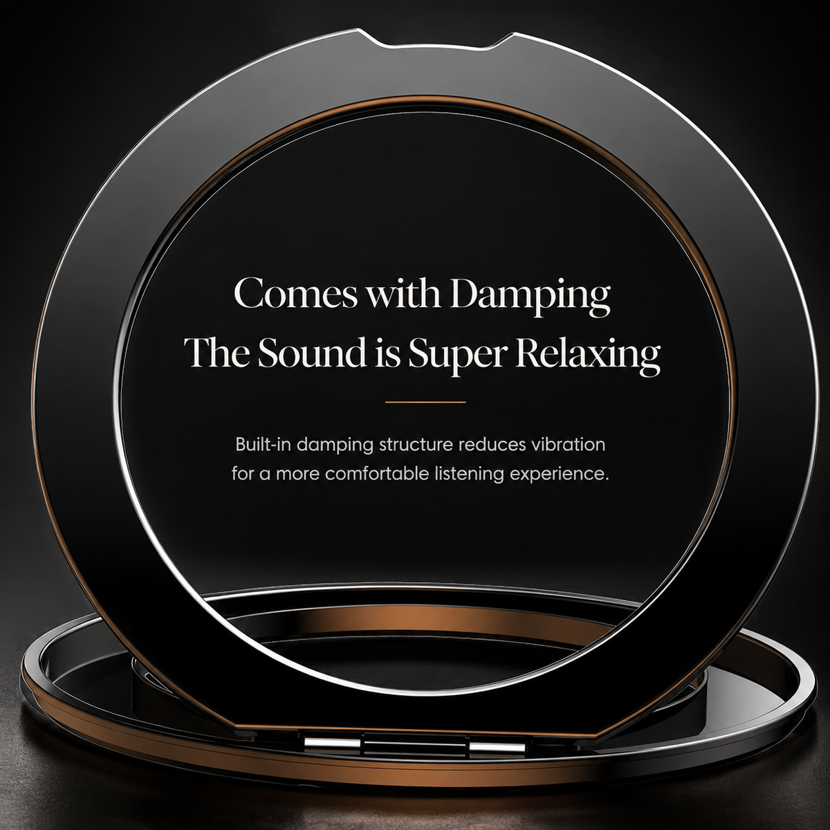 A close-up shows the case's circular ring raised upright above its round base. Text advertises a damped hinge that reduces vibration.