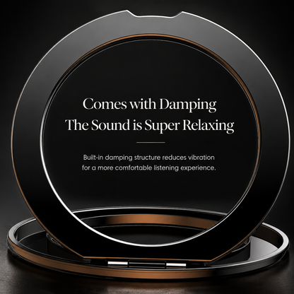 A close-up shows the case's circular ring raised upright above its round base. Text advertises a damped hinge that reduces vibration.