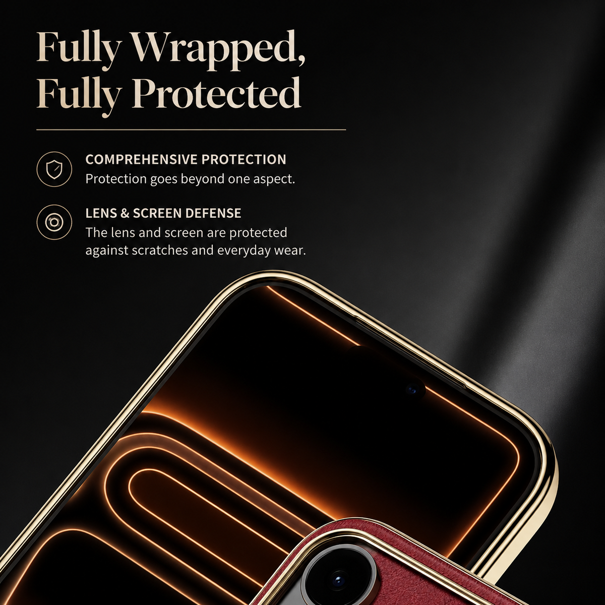 Front and rear case details show raised gold-colored borders around the screen and camera. Text advertises full coverage and scratch protection.