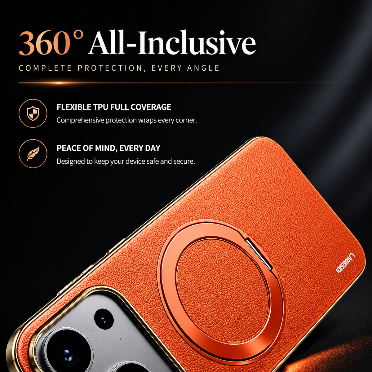 A close-up shows an orange textured case's circular ring lying flush in its back. Text promotes all-around coverage by a flexible frame.