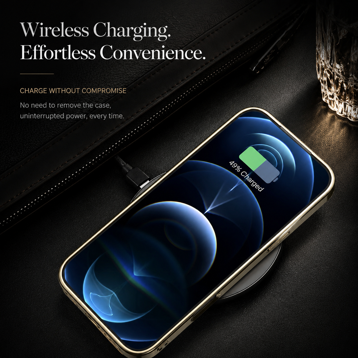 A front-facing phone rests on a dark surface with a green battery and wireless signal graphic on its screen. Text advertises wireless charging without removing the case.
