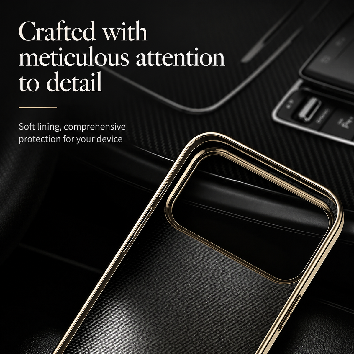 An empty case's black inner lining and shiny gold-colored camera border appear against a dark vehicle interior. Text highlights the lining and fitted protection.
