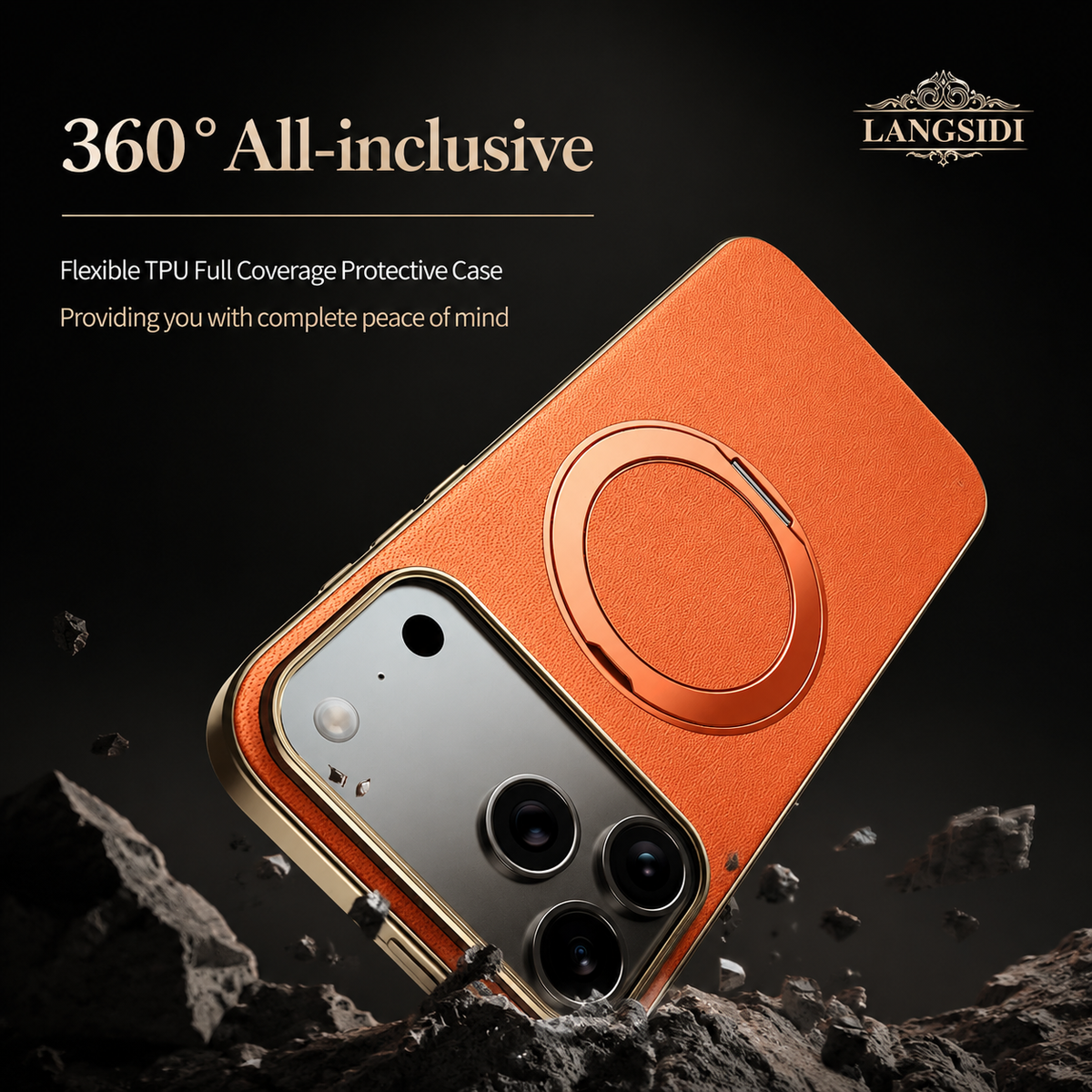 An orange textured case tilts camera-corner-first toward rocky ground and fragments. Its circular back ring remains folded flat.