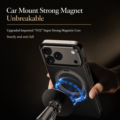 A hand brings a black case toward a circular car mount. Blue rings illustrate the advertised magnetic connection at its circular back attachment.