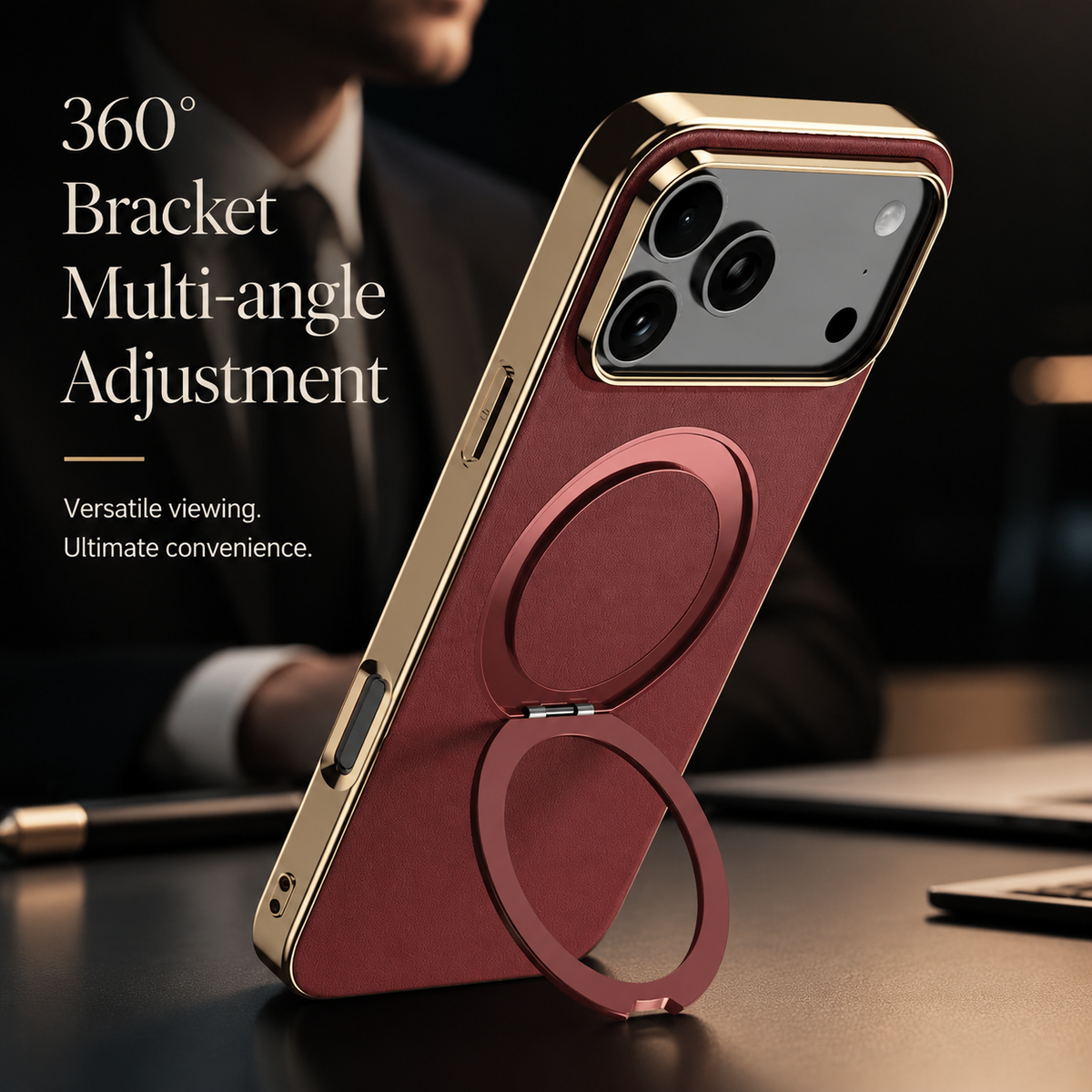 A burgundy case stands upright on its extended circular ring on a desk, with a person in formal clothing behind it. Text labels 360-degree angle adjustment.