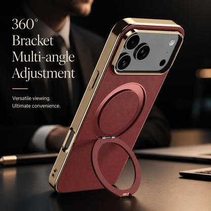 A burgundy case stands upright on its extended circular ring on a desk, with a person in formal clothing behind it. Text labels 360-degree angle adjustment.