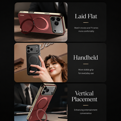 Three panels show a burgundy case supported horizontally, a gray case held by a person and a burgundy case supported upright using its folding circular ring.