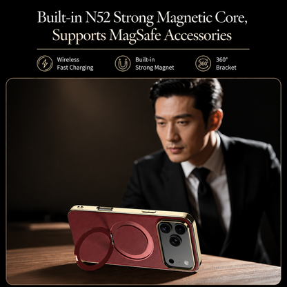 A person in a dark suit sits behind a burgundy case supporting a phone horizontally on a wooden desk. Text promotes magnetic accessories and a rotating stand.