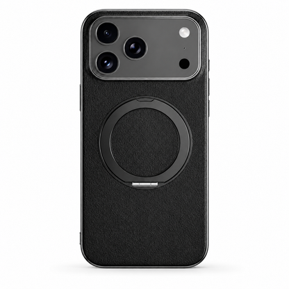 A black textured case stands upright on white. A dark circular folding ring with a small silver-colored hinge sits centrally beneath the camera panel.