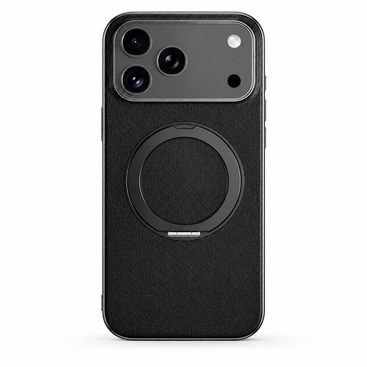 A black textured case stands upright on white. A dark circular folding ring with a small silver-colored hinge sits centrally beneath the camera panel.