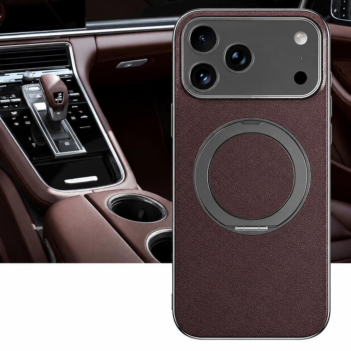 A dark brown textured case stands in front of a brown car interior, showing its flat circular folding ring and silver-colored camera border.