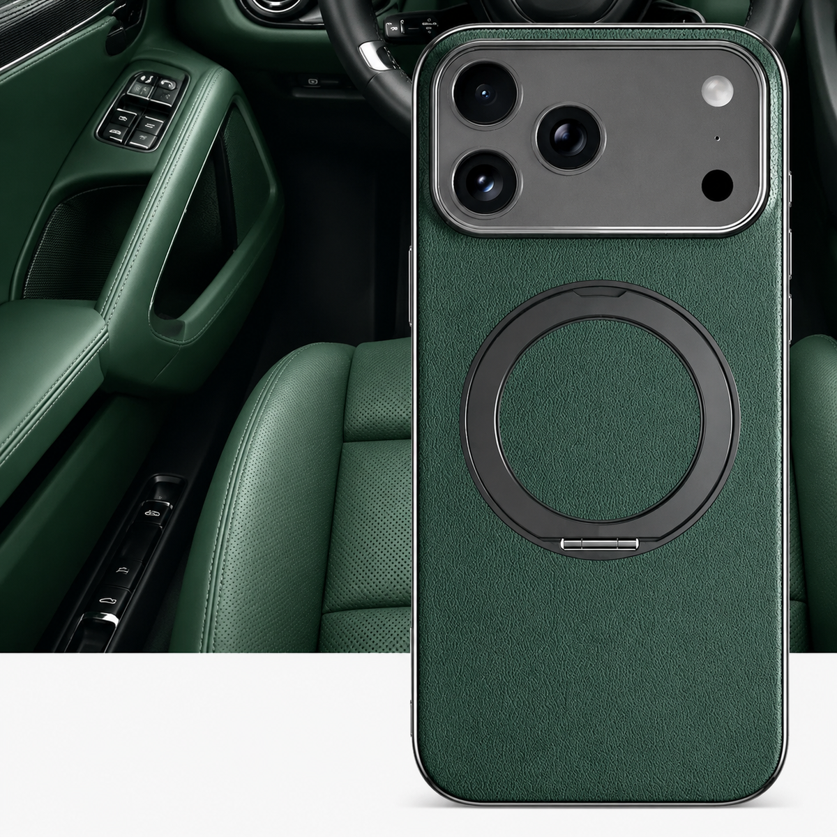 A dark green textured case stands before a green car interior, showing its flat ring stand and silver-colored border around the broad camera panel.