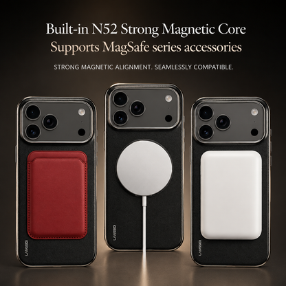 Three dark cases display an attached red wallet, white charging puck and white power bank. Text advertises a built-in magnetic core for accessories.