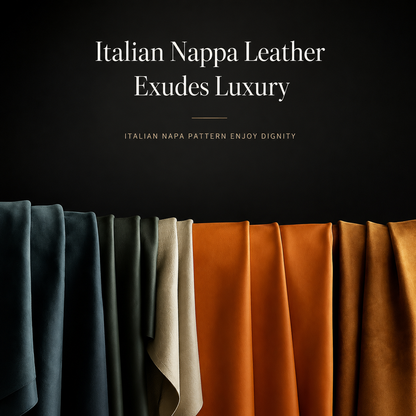 Dark green, black, cream and orange leather-like sheets hang in a row. Text labels the material Italian Nappa leather and promotes its texture.