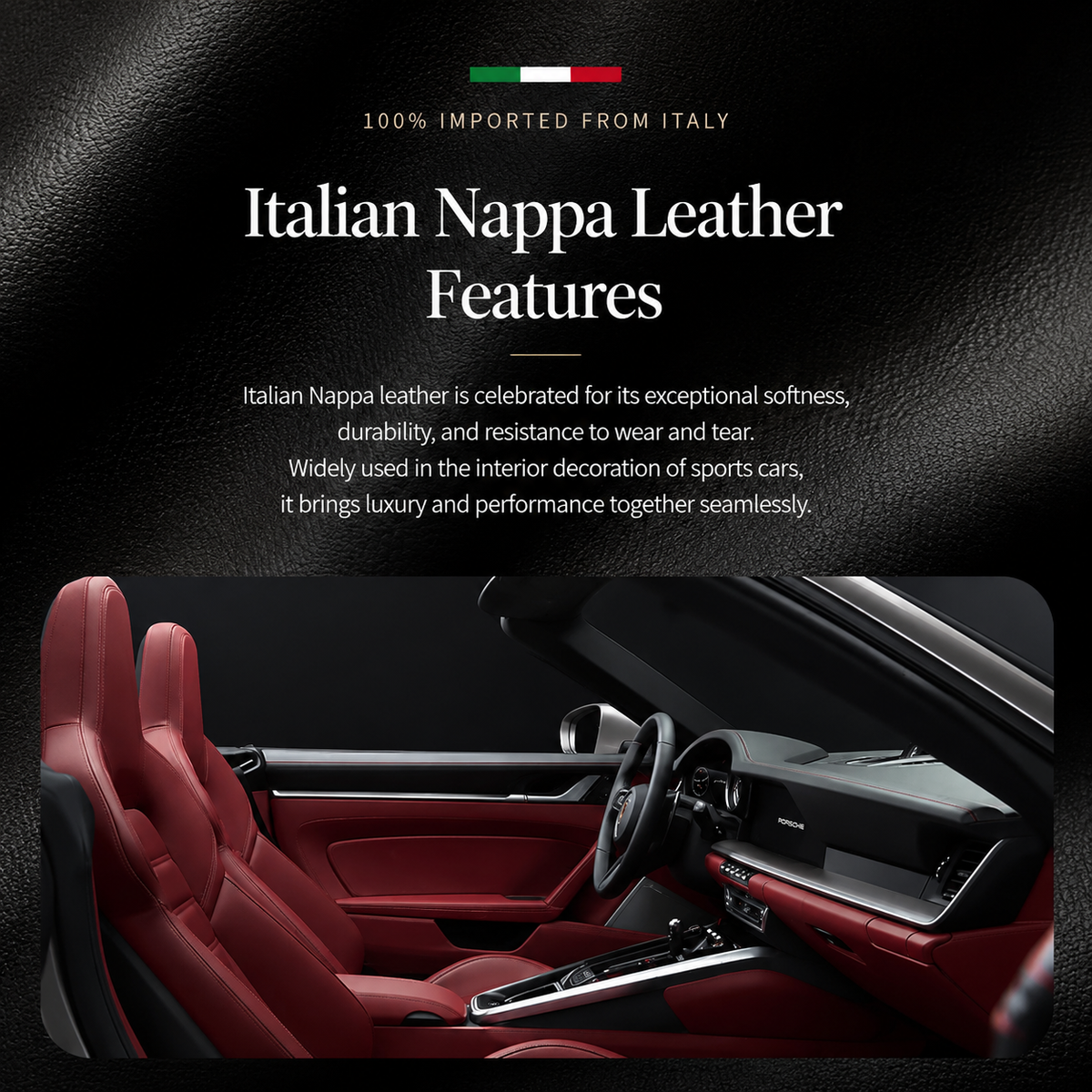 A red upholstered sports-car interior appears beneath text advertising Italian Nappa leather, softness and durability, with a small Italian flag.