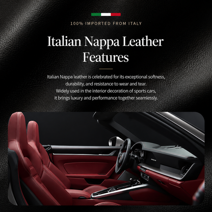 A red upholstered sports-car interior appears beneath text advertising Italian Nappa leather, softness and durability, with a small Italian flag.