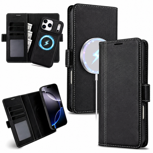 Black stitched leather-look folio case shown closed and open, with card slots, an ID window, cash storage, and a separate matching phone shell. A glowing charging puck illustrates magnetic charging.