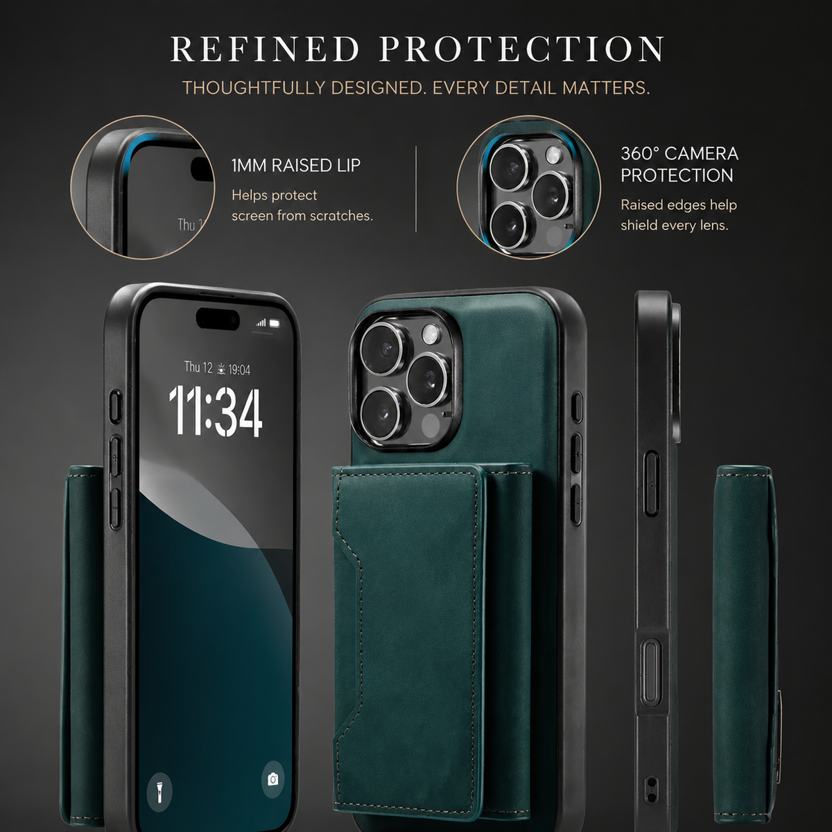 Front, back, and side views of a teal wallet case show its phone shell and thicker rear wallet. Insets highlight a 1 mm screen lip and raised camera border.