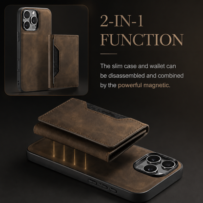 Detached brown wallet floats above a matching phone case with illustrated magnetic glow. An inset shows both pieces separated beside text describing two-in-one magnetic attachment.