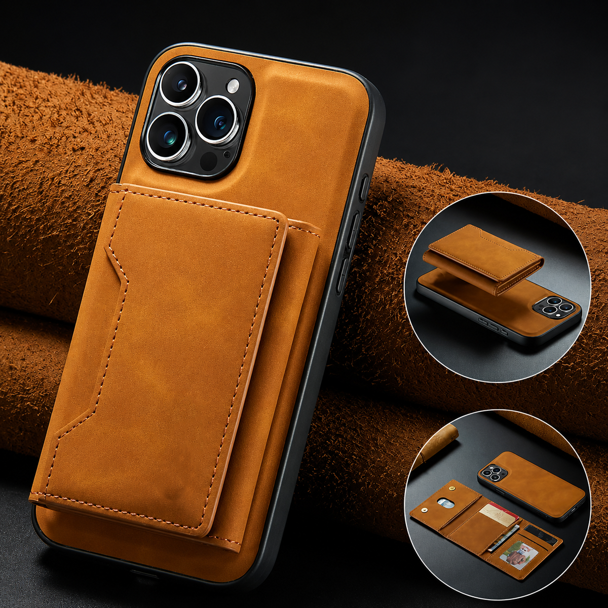 Tan wallet case leans against rolled brown material. Circular insets show its detachable wallet floating above the phone and unfolded with cards and a portrait ID.