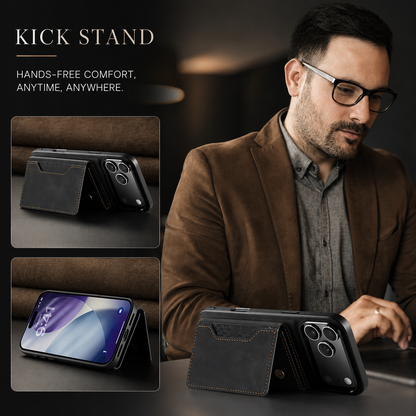 A man wearing glasses and a brown jacket sits at a table with a phone propped horizontally by its rear wallet. Insets show the folded stand from both sides.