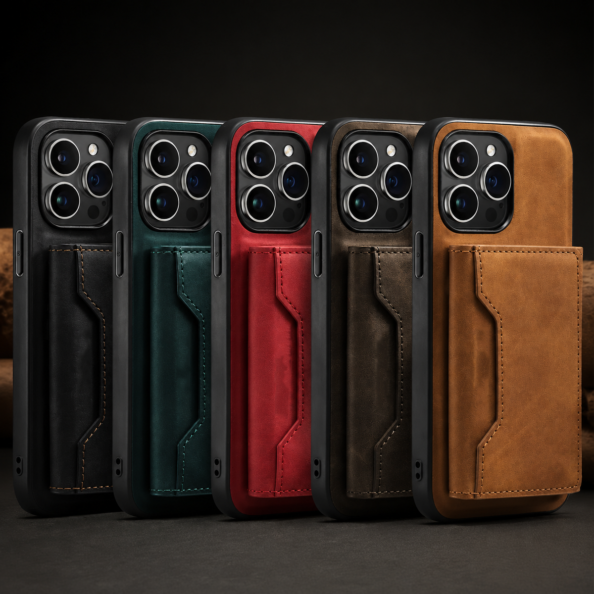 Five rear-wallet cases stand in a row in black, teal, red, brown, and tan. Each has a stitched rectangular wallet below its exposed square camera opening.