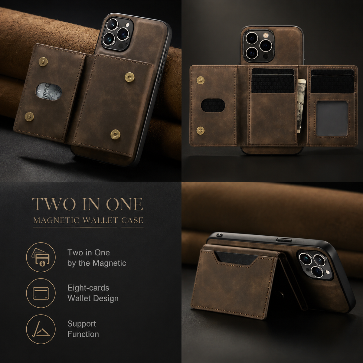 Brown wallet-case collage shows an open snap flap, fully unfolded card and cash storage, and the phone supported horizontally by the folded wallet.