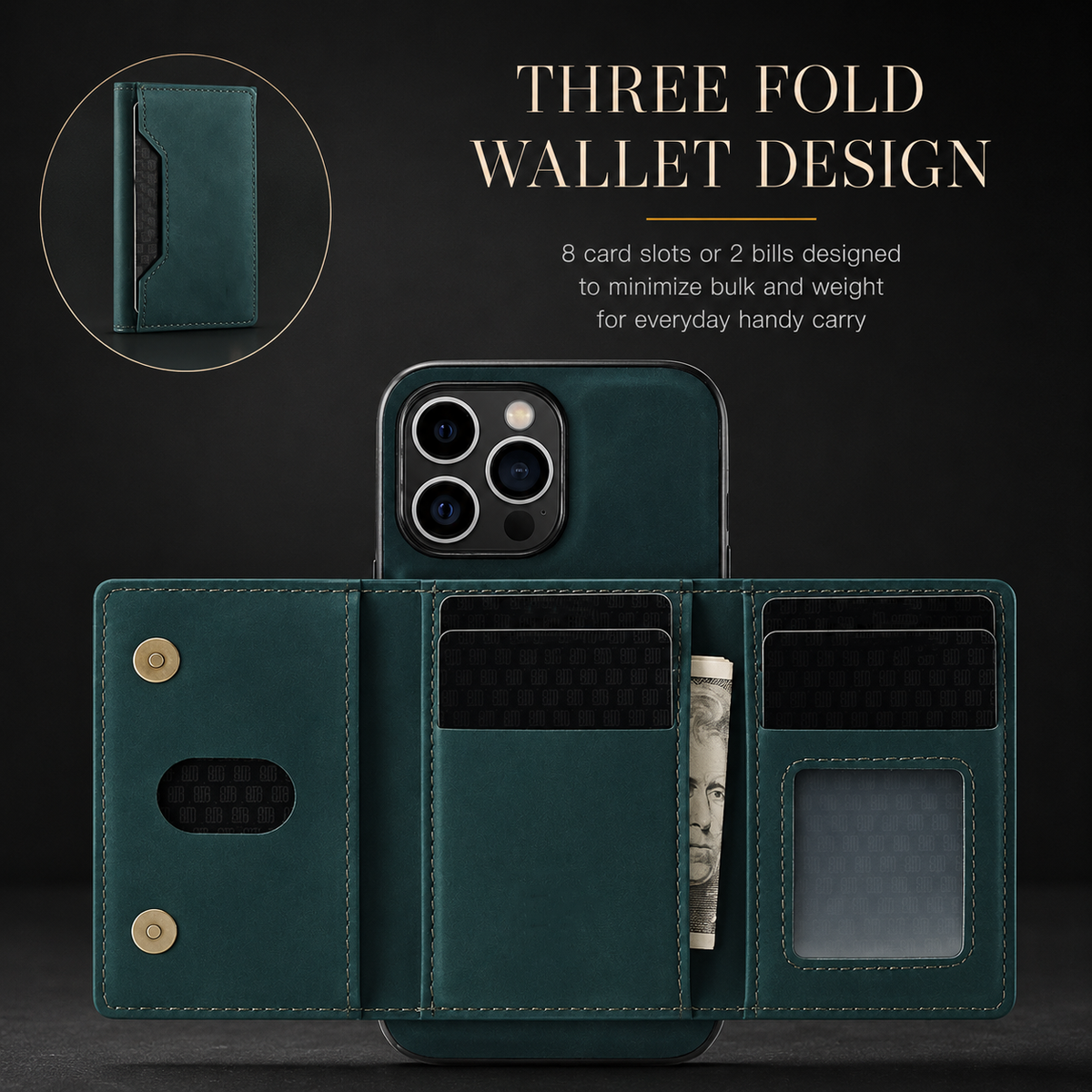 Teal three-panel wallet opens below the phone's square camera opening, showing patterned cards, cash, an ID window, and round fasteners. Text advertises eight card slots or two bills.