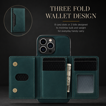 Teal three-panel wallet opens below the phone's square camera opening, showing patterned cards, cash, an ID window, and round fasteners. Text advertises eight card slots or two bills.