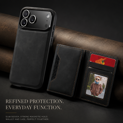 Black phone case stands beside its detached open wallet containing a red card and portrait ID. Text highlights magnetic attachment and everyday storage.