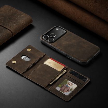 Brown phone case lies beside its detached unfolded wallet holding cards, cash, and a portrait ID on a dark tabletop.