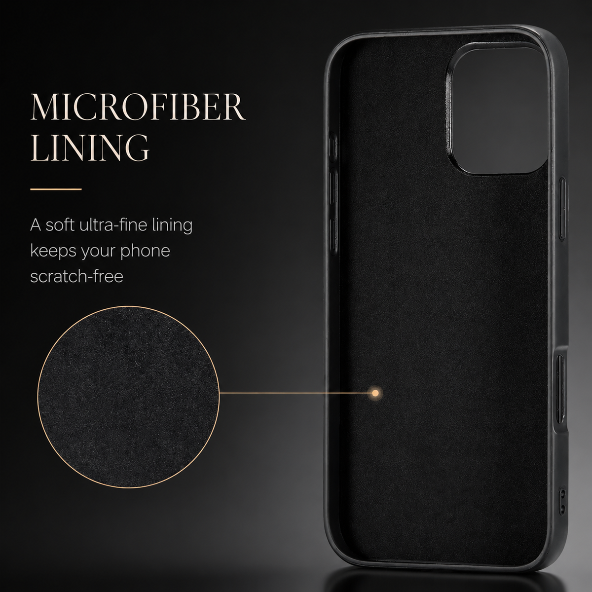 Empty black phone case shown from the inside, with a circular inset enlarging its fuzzy-looking lining. Text labels the interior microfiber and advertises scratch protection.