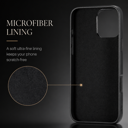 Empty black phone case shown from the inside, with a circular inset enlarging its fuzzy-looking lining. Text labels the interior microfiber and advertises scratch protection.