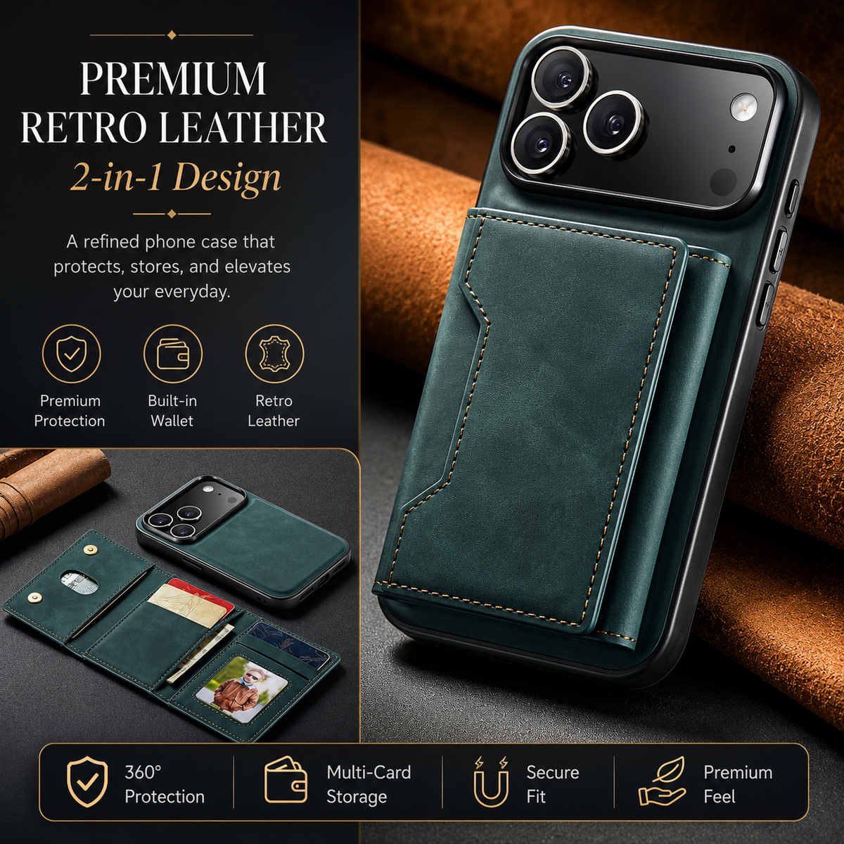 Teal wallet case shown closed and in an inset with its detachable wallet fully unfolded. Text highlights the two-piece design, card storage, and magnetic hold.