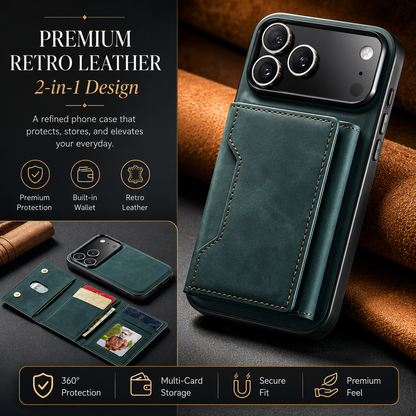 Teal wallet case shown closed and in an inset with its detachable wallet fully unfolded. Text highlights the two-piece design, card storage, and magnetic hold.