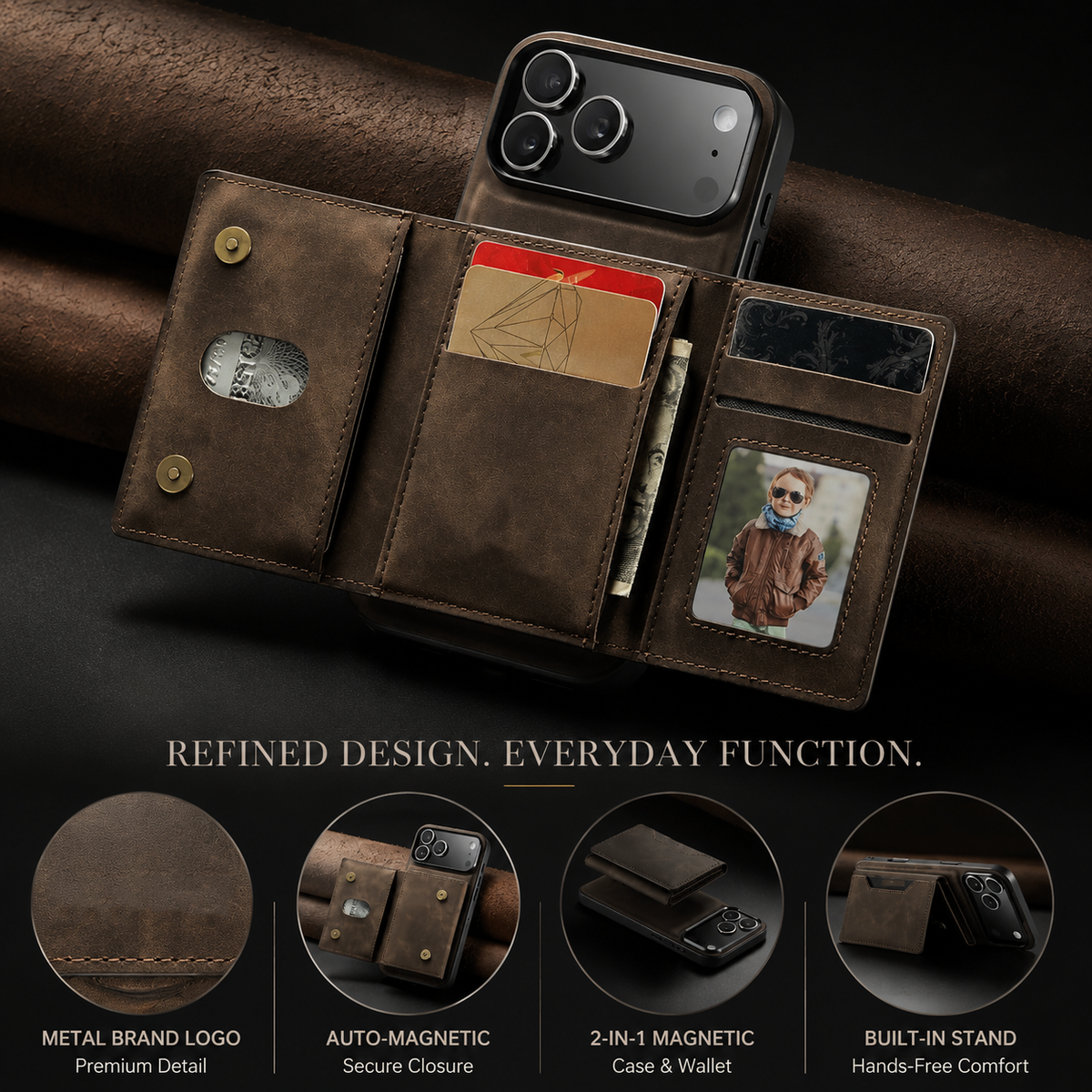 Brown rear wallet opens into three panels holding colored cards, cash, and a portrait ID. Lower insets highlight magnetic closure, detachable parts, and the folding stand.