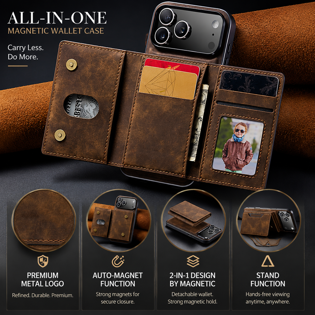 Open brown rear wallet holds cards, cash, and a portrait ID below a broad camera opening. Lower insets illustrate closure, detachable pieces, and a folding stand.