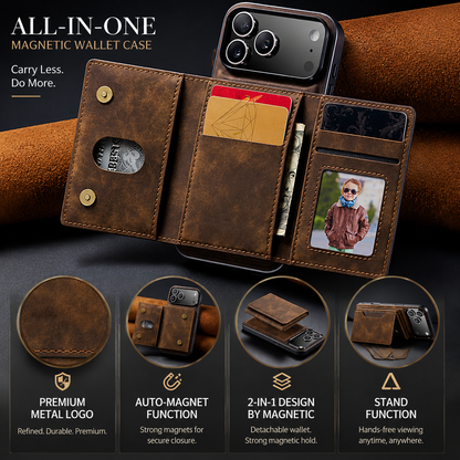 Open brown rear wallet holds cards, cash, and a portrait ID below a broad camera opening. Lower insets illustrate closure, detachable pieces, and a folding stand.