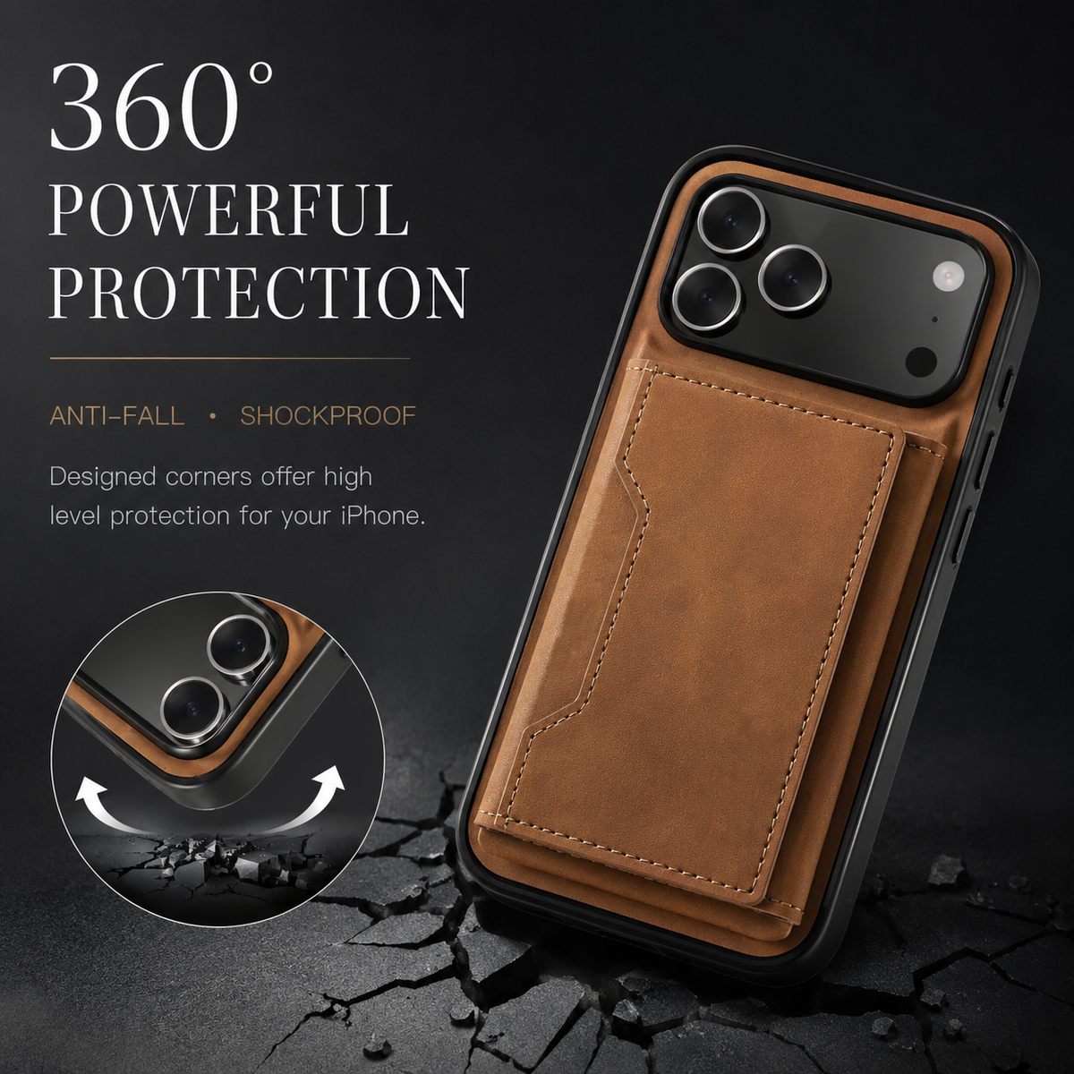 Tan wallet case illustrated striking a cracked dark surface at a corner. A circular inset highlights corner cushioning beside text advertising all-around shock protection.