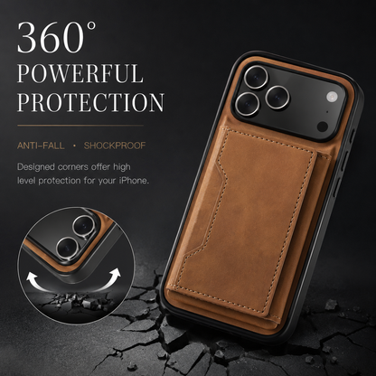 Tan wallet case illustrated striking a cracked dark surface at a corner. A circular inset highlights corner cushioning beside text advertising all-around shock protection.