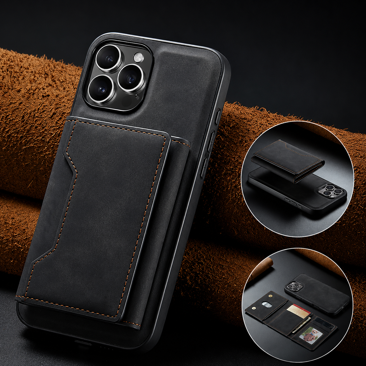 Black wallet case leans against rolled brown material. Circular insets show the wallet detached above the phone and unfolded with cards and a portrait ID.
